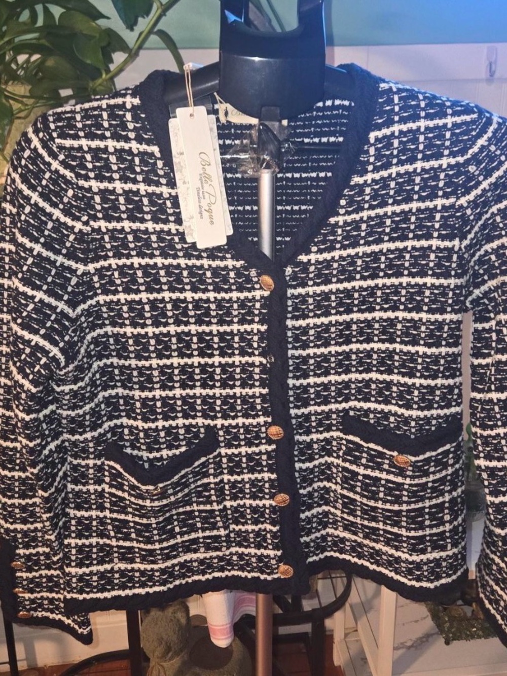 Black & White Tweed Pocket Cardigan Sweater - Unknown Brand